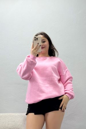 Kadın Bisiklet Yaka Üç İplik Sweat Pembe