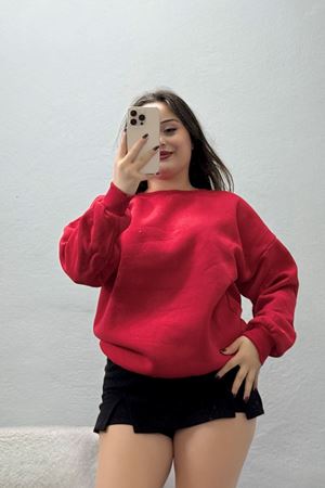 Kadın Bisiklet Yaka Üç İplik Sweat Kırmızı