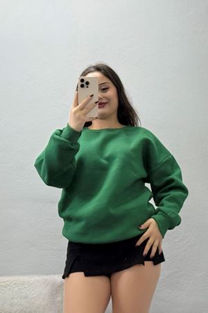 Kadın Bisiklet Yaka Üç İplik Sweat Koyuyeşil