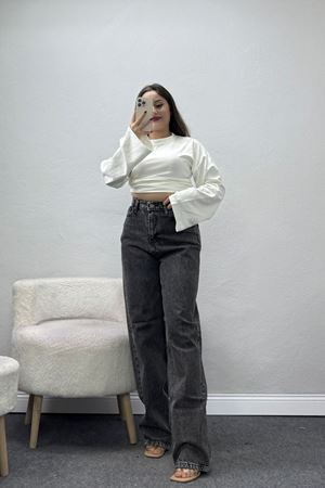 Kadın Tokalı Baggy Kot Pantolon Açıkfüme