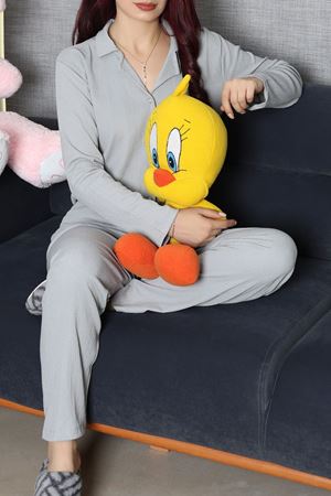 Kadın Bürümcük Düğmeli Pijama Takımı Gri