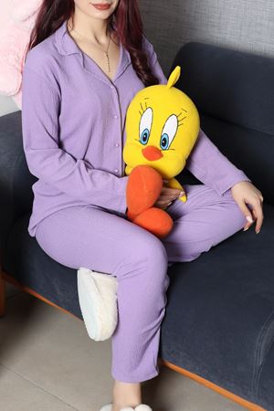 Kadın Bürümcük Düğmeli Pijama Takımı Lila