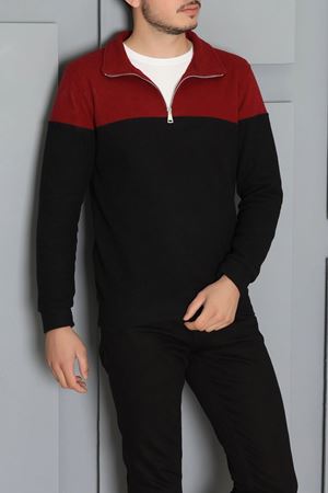Selanik Yarım Fermuarlı Garnili Erkek Sweat Siyah Bordo