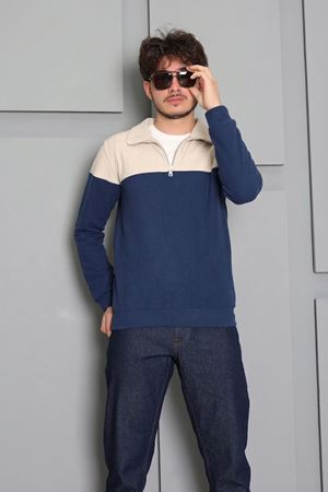 Selanik Yarım Fermuarlı Garnili Erkek Sweat Lacivertbej