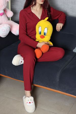 Kadın Bürümcük Düğmeli Pijama Takımı Bordo
