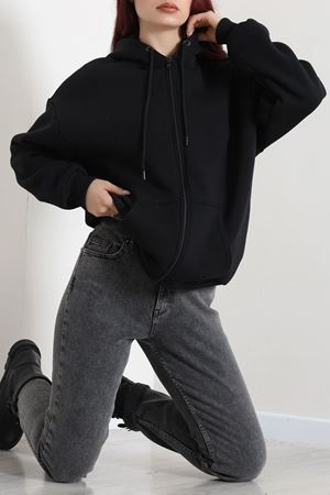 Kadın 3 İplik Şardonlu Fermuarlı Kapşonlu Sweat Siyah