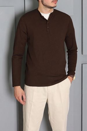 Erkek Fitilli Modal Henley Sweatshirt Kahve