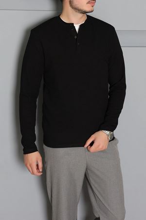 Erkek Fitilli Modal Henley Sweatshirt Siyah