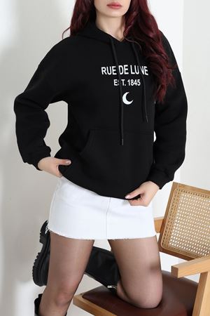 Kadın Kapşonlu Baskılı Sweat Siyah Model TV-101282