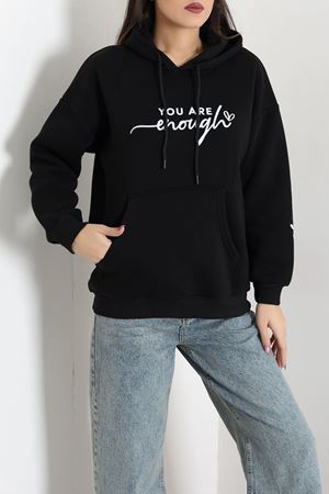 Kadın Kapşonlu Baskılı Sweat Siyah Model TV-101457