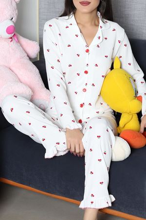 Kadın Bürümcük Düğmeli Pijama Takımı Beyaz
