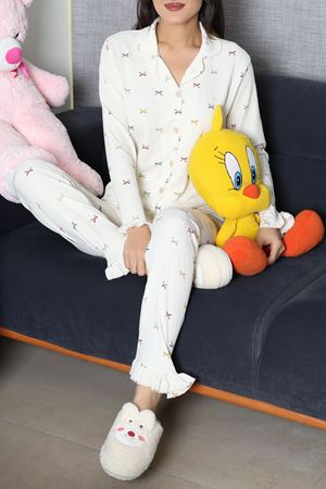 Kadın Bürümcük Düğmeli Pijama Takımı Ekrukurdele