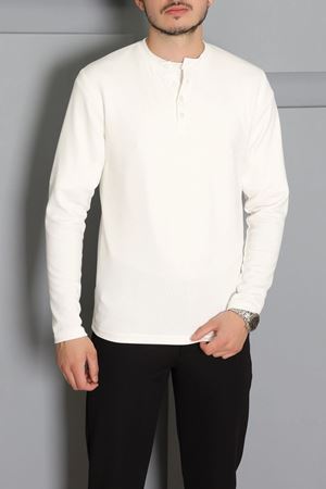 Erkek Fitilli Modal Henley Sweatshirt Beyaz