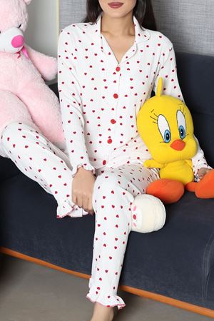Kadın Bürümcük Düğmeli Pijama Takımı Kırmızıkalp