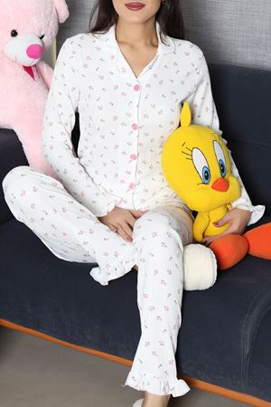Kadın Bürümcük Düğmeli Pijama Takımı Beyaz Pembe