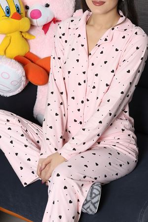 Kadın Süet Düğmeli Pijama Takımı Pembesiyah