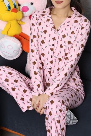 Kadın Süet Düğmeli Pijama Takımı Pembeçiçek