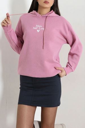 Kadın Üç İplik Kapşonlu Naskışlı Sweat Pembe