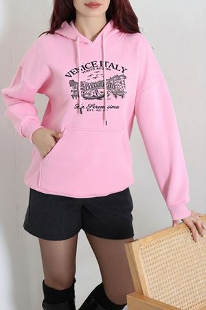 Kadın Kapşonlu Baskılı Sweat Pembe Model TV-101276