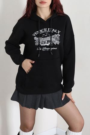 Kadın Kapşonlu Baskılı Sweat Siyah Model TV-101284