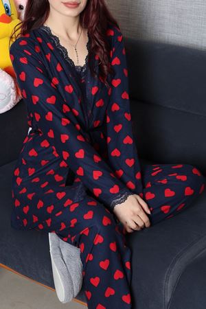 Kadın Süet 3'Lü Pijama Set Lacivertkırmızı