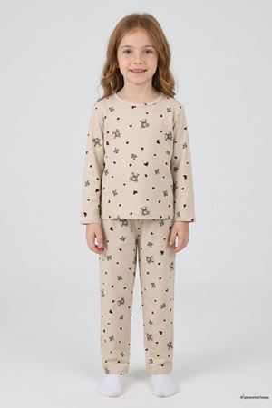 5-12 Yaş Süet Düğmeli Çocuk Pijama Takımı Bejkahve