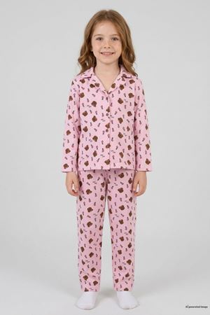 5-12 Yaş Baskılı Süet Düğmeli Çocuk Pijama Takımı Pembekahve