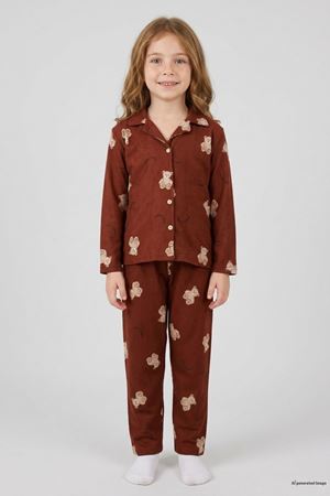 5-12 Yaş Baskılı Süet Düğmeli Çocuk Pijama Takımı Kiremit