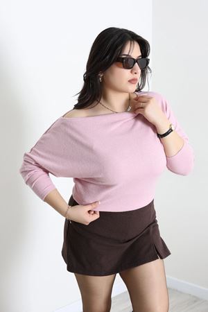 Kadın Yumoş Kayık Yaka Büyük Beden Bluz Pembe