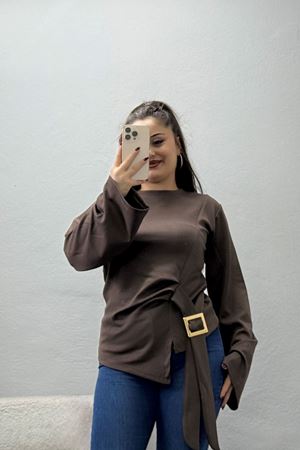 Kadın Toka Detaylı Kimono Kol Modal Bluz Açıkkahve
