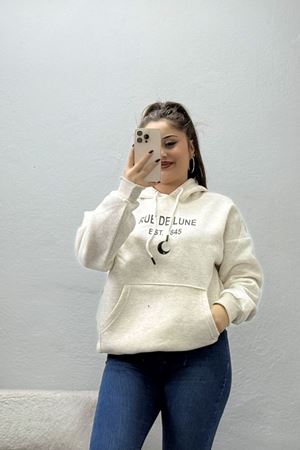 Kadın Kapşonlu Baskılı Sweat Bej Model TV-101285