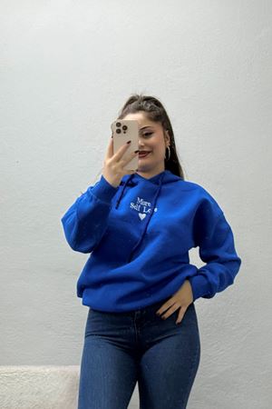 Kadın Üç İplik Kapşonlu Naskışlı Sweat Saks