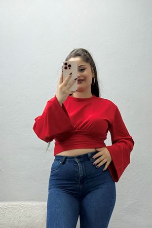 Kadın Modal Bisiklet Yaka Büzgülü Bel Bluz Kırmızı