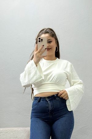 Kadın Modal Bisiklet Yaka Büzgülü Bel Bluz Ekru