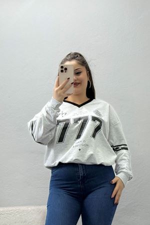 Kadın 2 İplik Çizgili Baskılı Sweat Gri