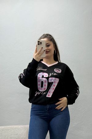 Kadın 2 İplik Çizgili Baskılı Sweat Siyah Model TV-101684