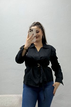 Kadın Vatkalı Kemerli Terikoton Gömlek Siyah