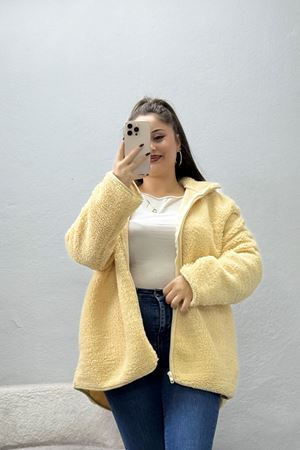 Kadın Peluş Dik Yaka Fermuarlı Ceket Bej