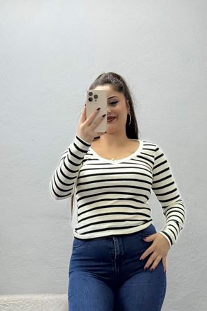 Kadın V Yaka Çizgili Kaşkorse Body Ekru