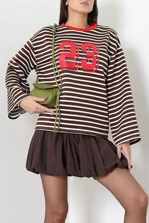Kadın Çizgili Baskılı Bisiklet Yaka Sweatshirt Kahve