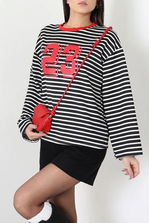 Kadın Çizgili Baskılı Bisiklet Yaka Sweatshirt Siyah