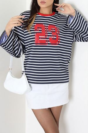 Kadın Çizgili Baskılı Bisiklet Yaka Sweatshirt Lacivert