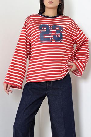Kadın Çizgili Baskılı Bisiklet Yaka Sweatshirt Kırmızı