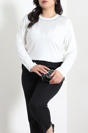 Kadın Bisiklet Yaka Taşlı Büyük Beden Viskon Bluz Ekru