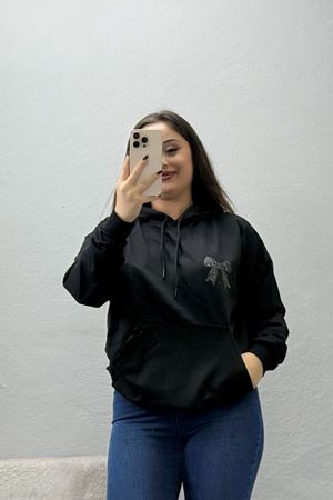 Kadın 2 İplik Kanguru Cepli Kapşonlu Sweat Siyah