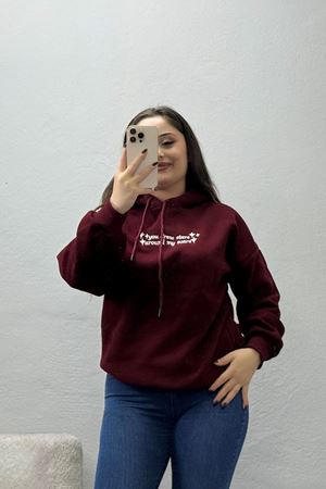 Kadın Üç İplik Kapşonlu Baskılı Sweat Bordo Model TV-101449