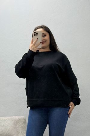 Kadın Modal Bisiklet Yaka Oversize Sweatshirt Siyah