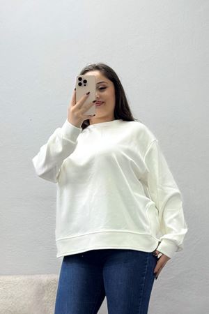Kadın Modal Bisiklet Yaka Oversize Sweatshirt Beyaz