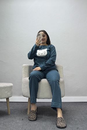 Kadın Fitilli Baskılı Pijama Takım Petrol