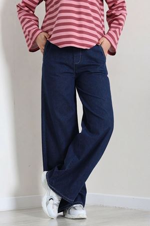 Kadın Beli Lastikli Bol Paça Kot Pantolon Koyumavi